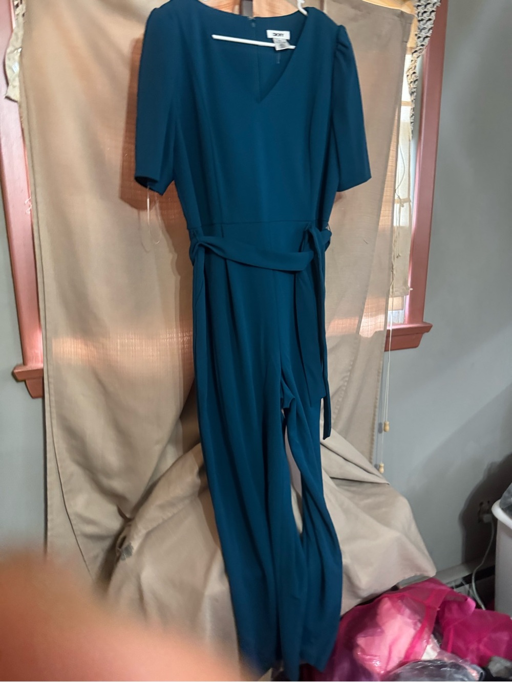 DKNY Teal V-Neck Short Sleeve Jumpsuit with Waist Tie